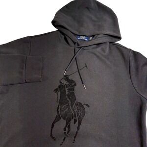 Polo Ralph Lauren Big Pony Hoodie Sz Large Black Sweatshirt Velvet Pony Pockets